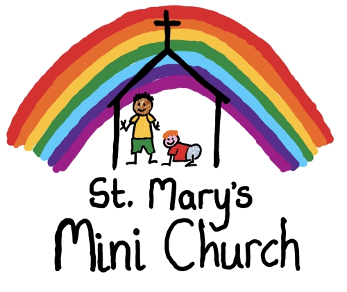 Cartoon of children playing in a rainbow coloured church